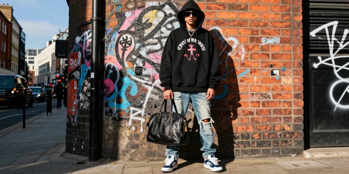 Stylish model in Chrome Hearts hoodie against urban London backdrop, showcasing luxury streetwear.