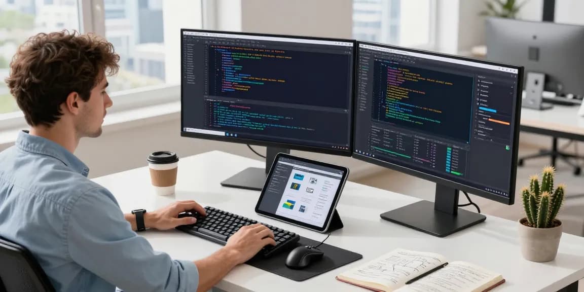 Software engineer using an AI code generator at a modern workspace with multiple monitors and coding tools.