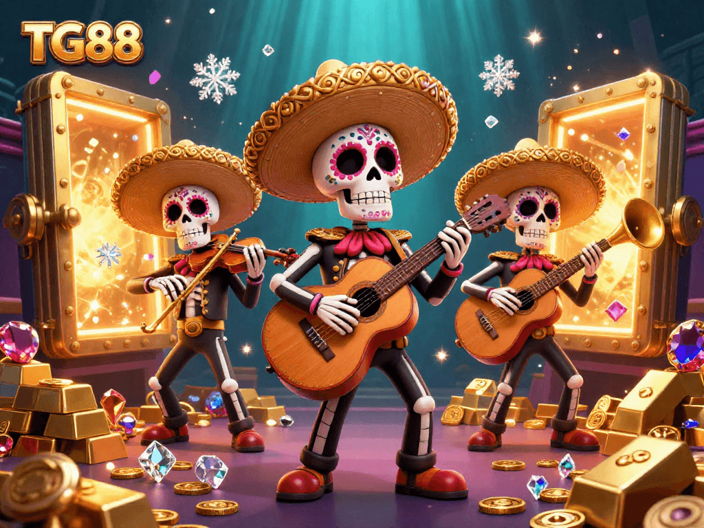 Engage in thrilling casino action with TG88’s vibrant mariachi band in a gold-filled treasure scene.