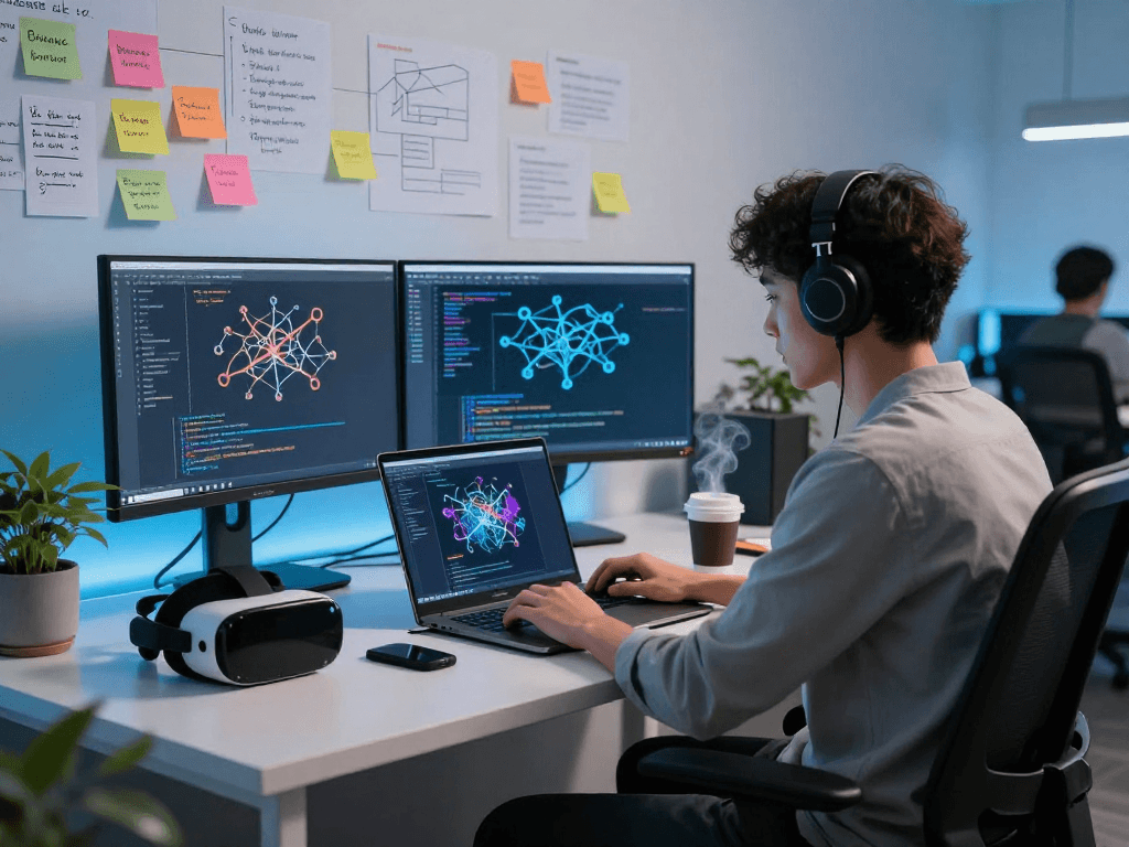 NSFW AI development scene with vibrant workspace, code on monitors, and creative brainstorming elements.