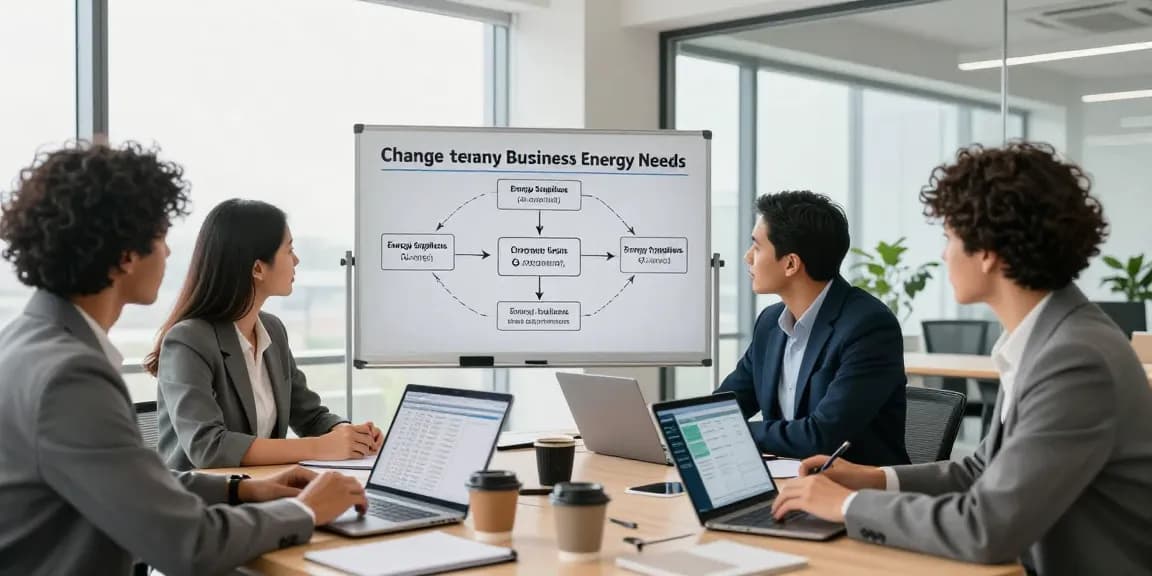 Team discussion on change of tenancy business energy strategies in a modern office setting.