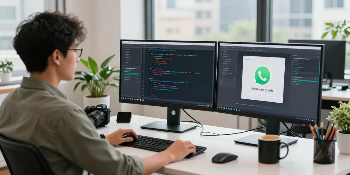 WhatsApp下載 demonstration in a modern tech workspace with coding screens.