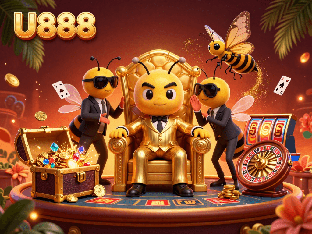 Experience U888's vibrant casino thrills with a cartoon mob boss in a golden throne, surrounded by lively game elements.