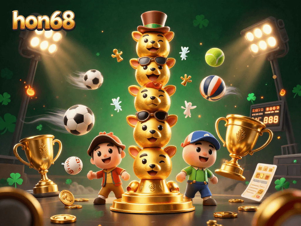 Win big with hon68 at this lively sports-themed casino illustration showcasing dynamic betting elements.