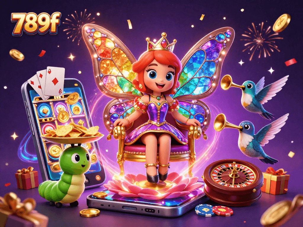 Play 789f slots with the whimsical butterfly queen in a vibrant casino scene rich with excitement.