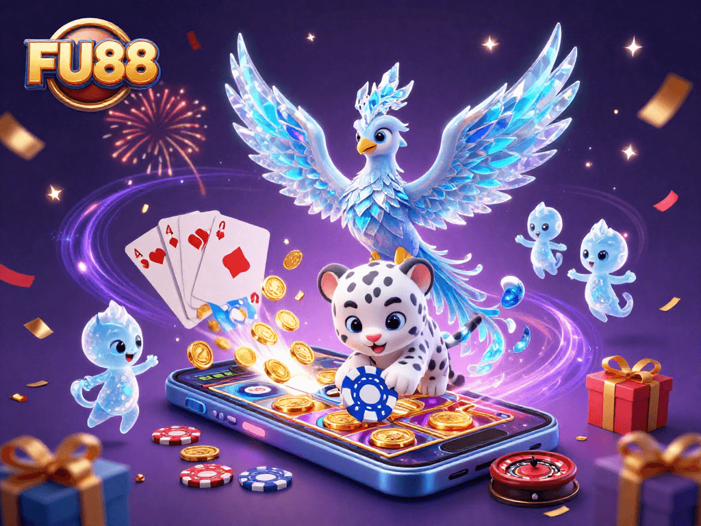 Experience exciting gameplay with FU88's vibrant casino scene featuring a magical ice phoenix and glowing sprites.