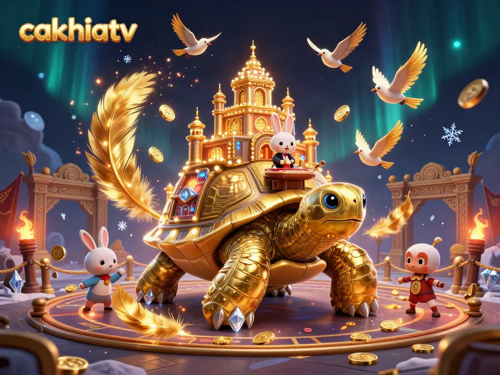 Engage with exciting gambling action at cakhiatv, featuring vibrant 3D illustrations of a tortoise casino and a rabbit dealer.