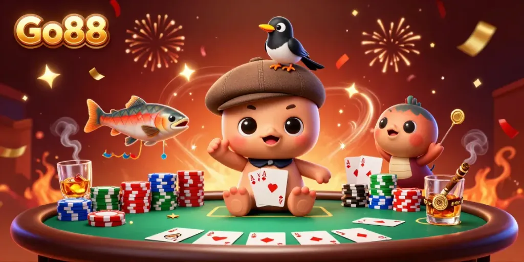 Experience the thrill of Go88 with Nessie and friends surrounded by vibrant poker elements.