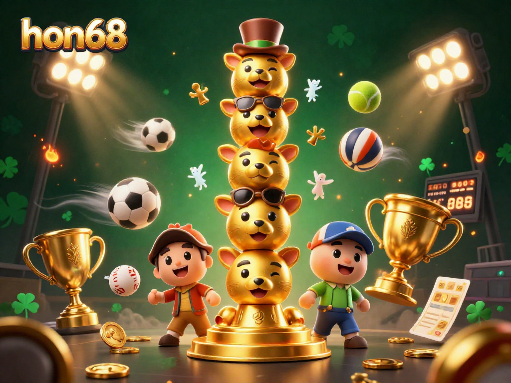 Win big with hon68 at this lively sports-themed casino illustration showcasing dynamic betting elements.