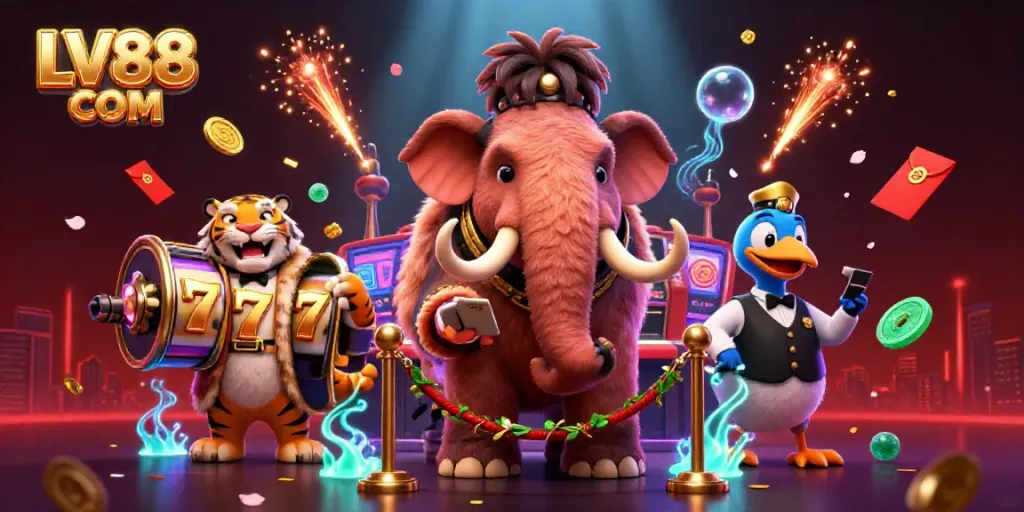 Experience the excitement of LV88 COM with a vibrant 3D casino scene showcasing lush characters and dynamic game elements.