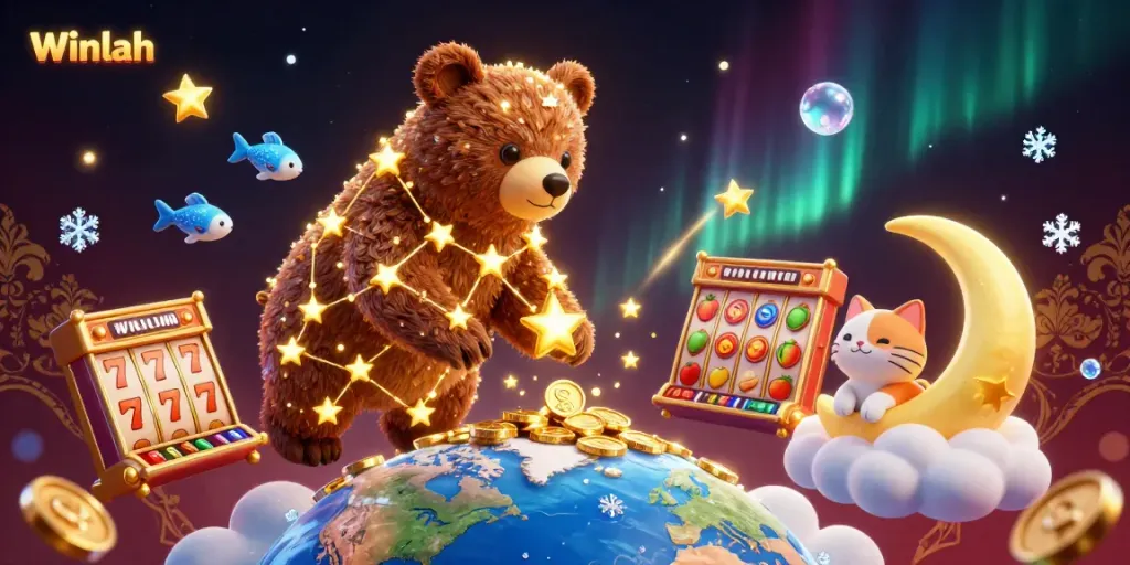 Winlah attracts gamers with an immersive 3D casino-themed illustration showcasing slots and big wins.