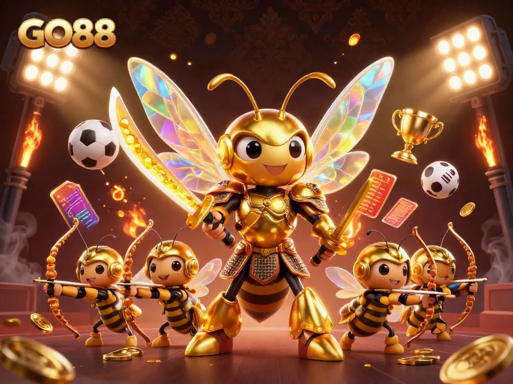 Engage with GO88's thrilling gaming experience featuring a samurai hornet and dynamic sports elements.