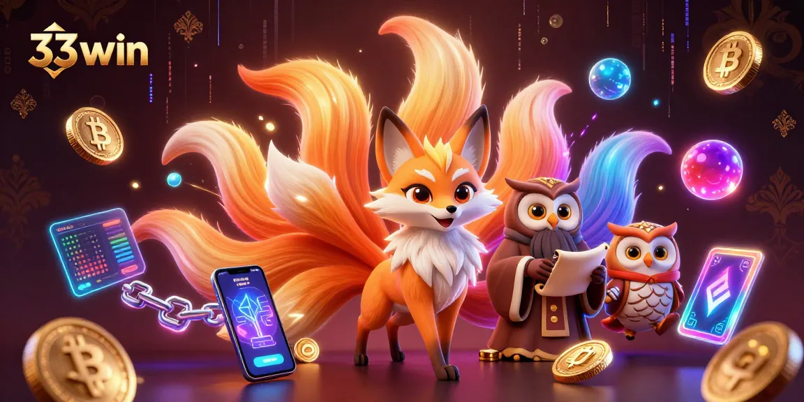 Engage with the vibrant 33win scene featuring a nine-tailed fox and crypto elements enhancing gaming.