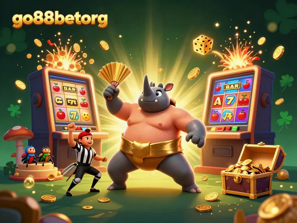 Engage with go88betorg's vibrant 3D casino scene featuring a beetle champion amidst slot machine excitement.