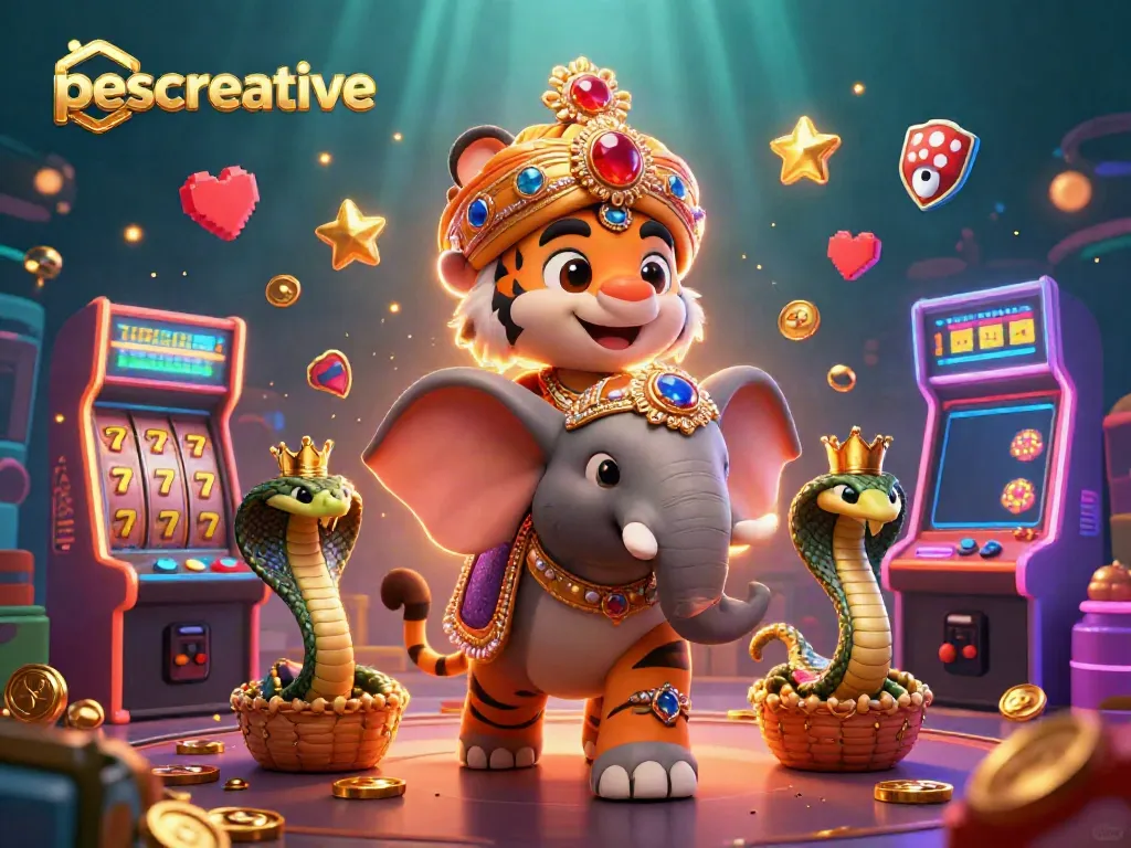 Experience vibrant slot gaming with pescreative's stunning 3D tiger and elephant characters in this captivating casino scene.