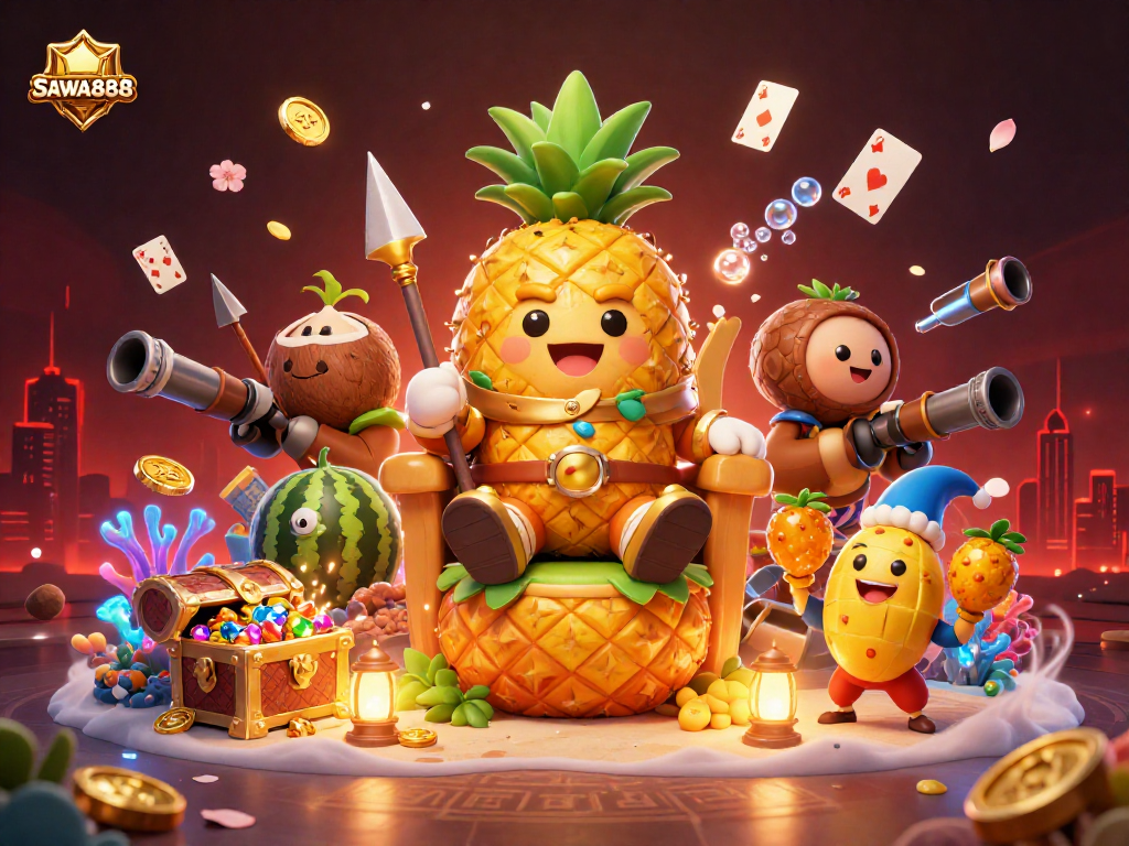 Win big with SAWA888: an exciting casino scene featuring a golden pineapple king, jester, and treasures.