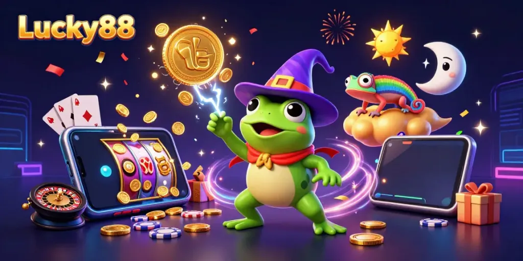 Win big with Lucky88 in a vibrant casino scene filled with golden coins and thrilling gameplay elements.
