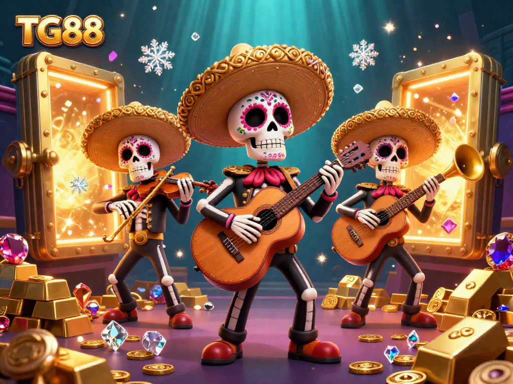 Engage in thrilling casino action with TG88’s vibrant mariachi band in a gold-filled treasure scene.