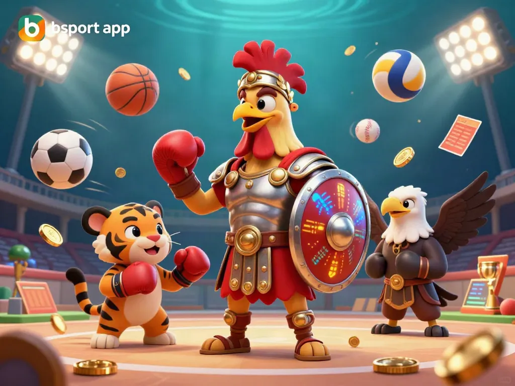 Experience the thrilling "bsport app" with a vibrant illustration featuring a gladiator rooster and sports elements.