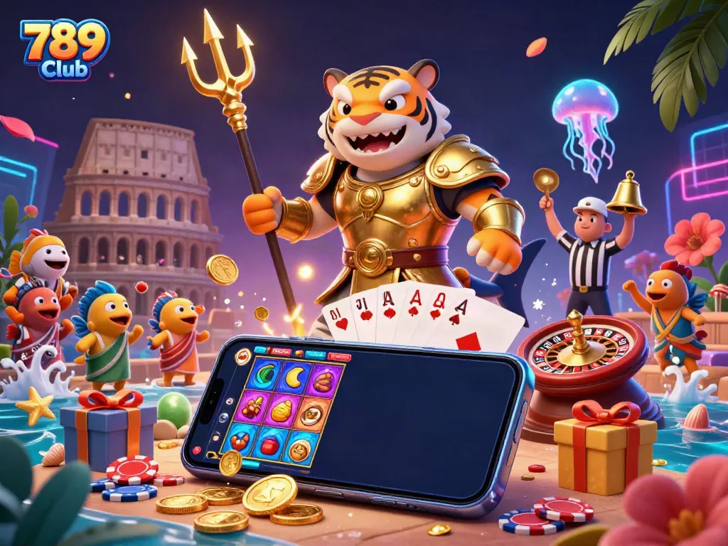 Experience the thrill of the 789 Club with a dynamic underwater casino scene filled with vivid gaming imagery.