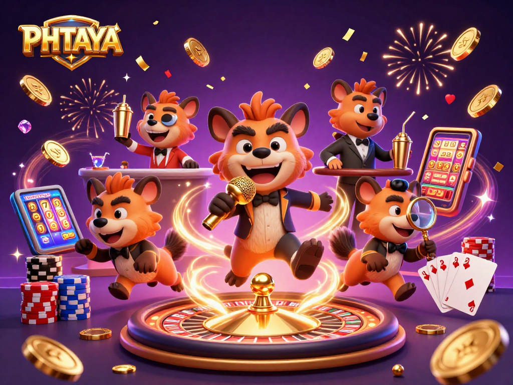 PHTAYA hyenas creating a vibrant casino atmosphere with golden coins and exciting rewards.