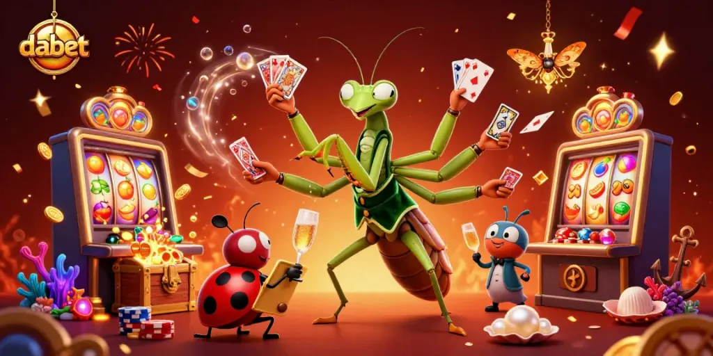 dabet showcases an exciting casino scene with a giant mantis dealing cards and jackpot slot machines.