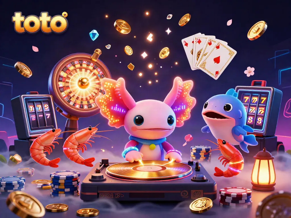 Engage with the vibrant toto casino scene featuring a neon axolotl DJ and lively gaming elements.