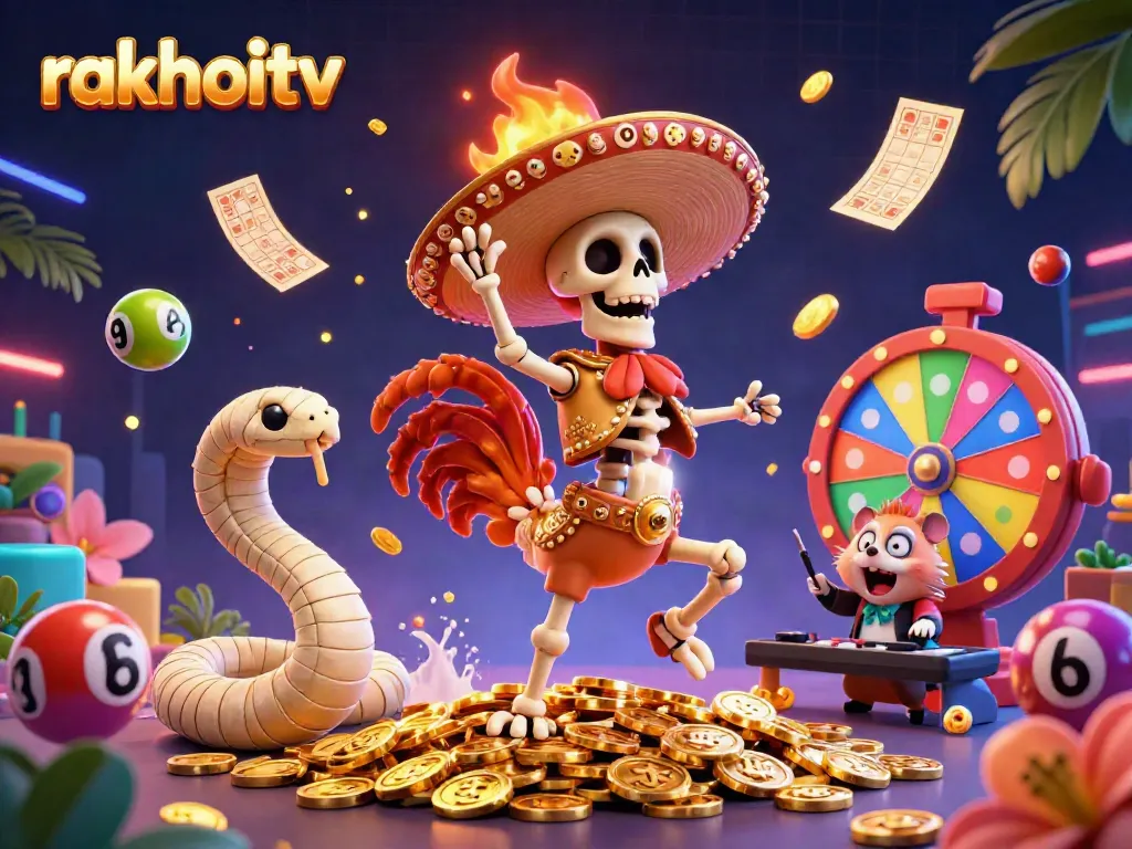 Celebrate winning moments with rakhoitv in this vibrant 3D casino scene featuring dynamic characters and gaming elements.