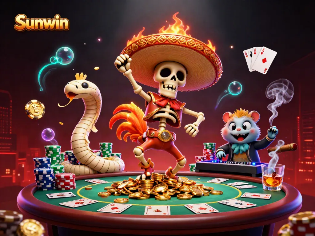 Win big with Sunwin's vibrant casino experience featuring playful characters and lively gambling elements.