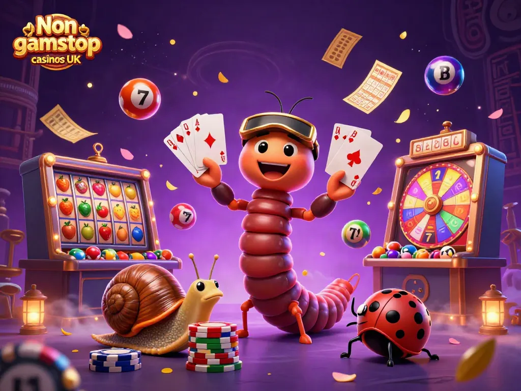 Experience thrilling action in Non gamstop casinos UK with a vibrant 3D illustration of casino games and characters.