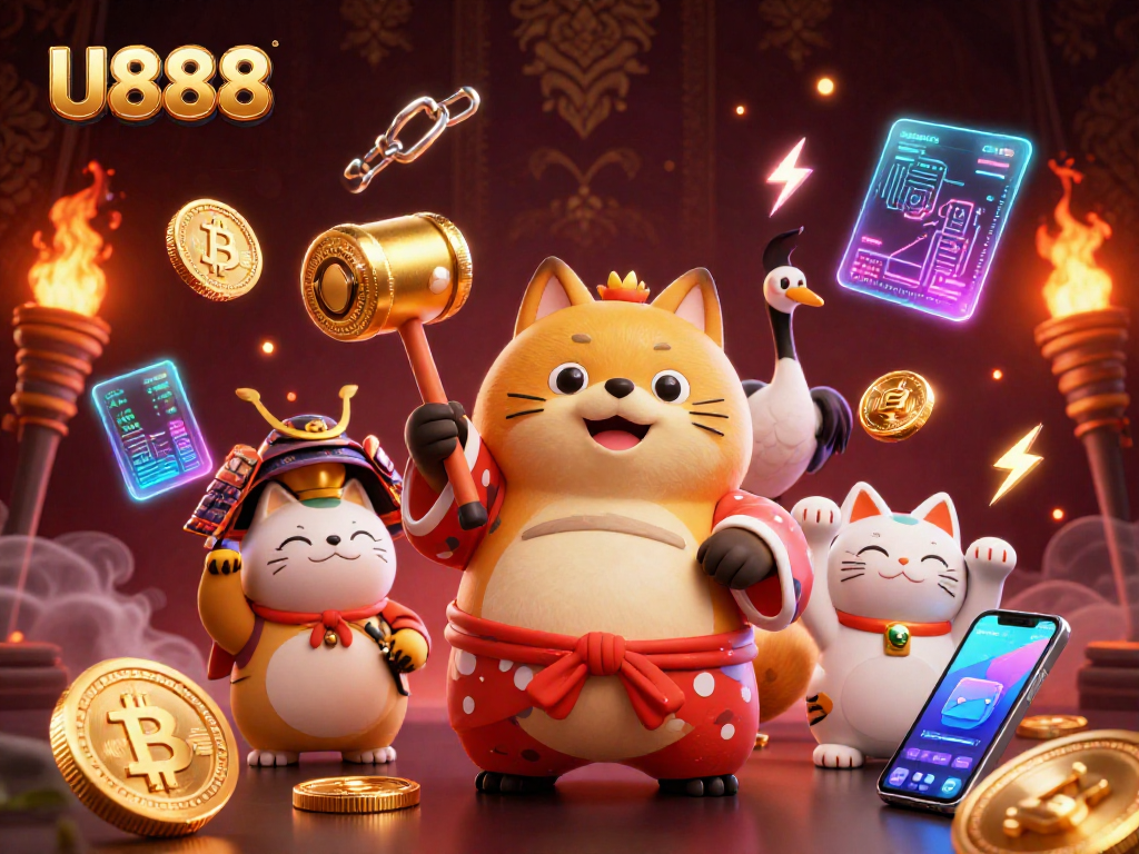 U888 offers a vibrant 3D gaming world with tanuki characters and cryptocurrency elements for bettors.