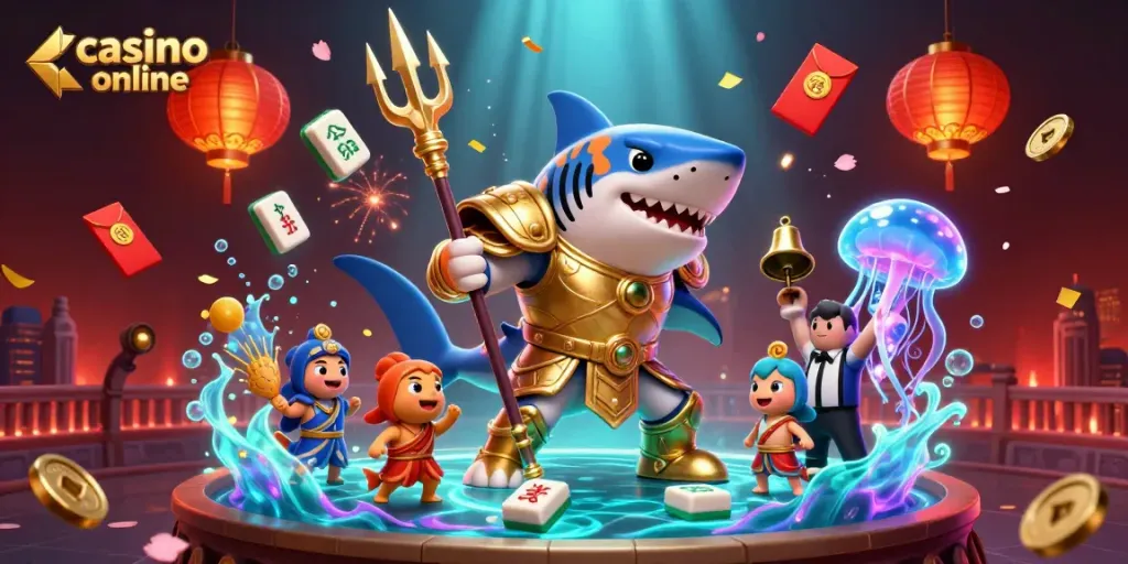 Experience a vibrant casino online scene featuring a tiger shark in golden armor surrounded by dynamic game elements.