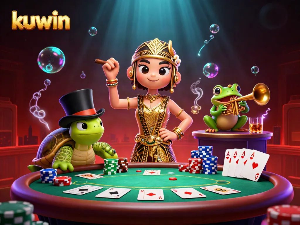 Experience the thrill of kuwin gaming with a dynamic casino scene featuring poker action and whimsical characters.