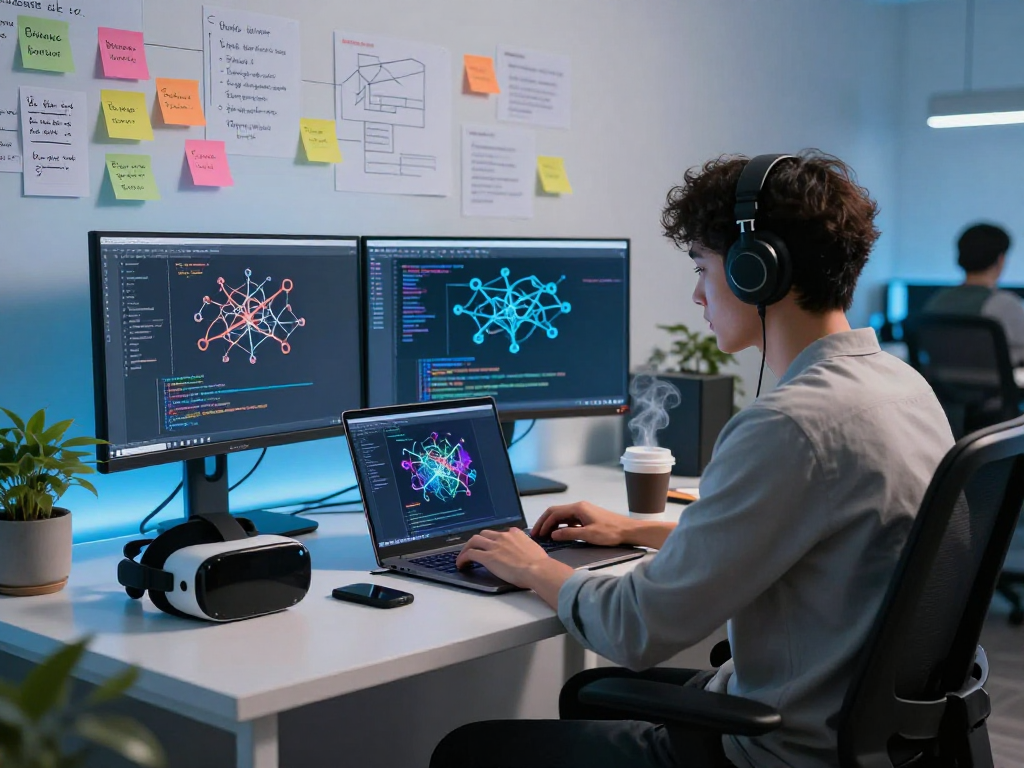 NSFW AI development scene with vibrant workspace, code on monitors, and creative brainstorming elements.