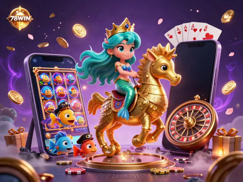 Experience excitement with 78WIN as a vibrant mermaid princess and seahorse amidst casino-themed elements.