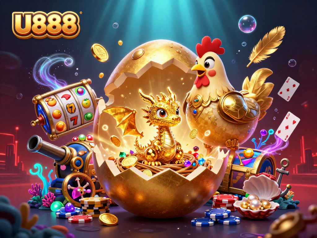 Experience thrilling U888 gameplay with a golden dragon and vibrant casino elements bursting from a treasure.