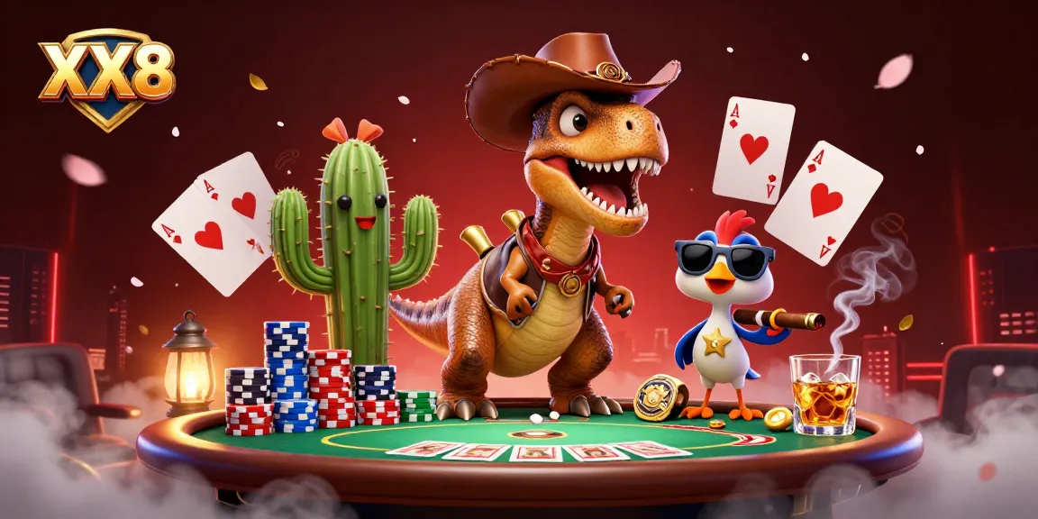 Join the action at XX 8 casino with a vibrant scene featuring a T-Rex, poker elements, and festive decorations.