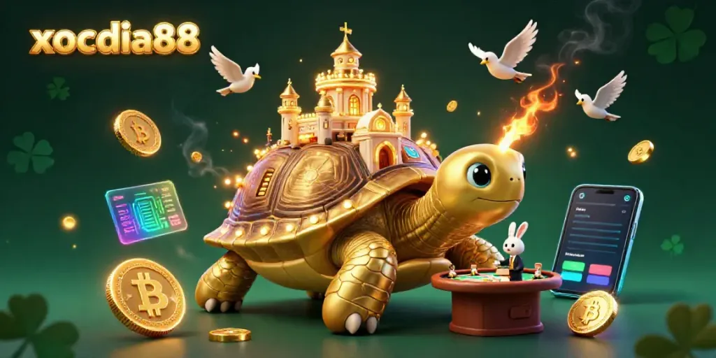 xocdia88 entertains with a vibrant golden tortoise-themed casino scene featuring a dealer and flying coins