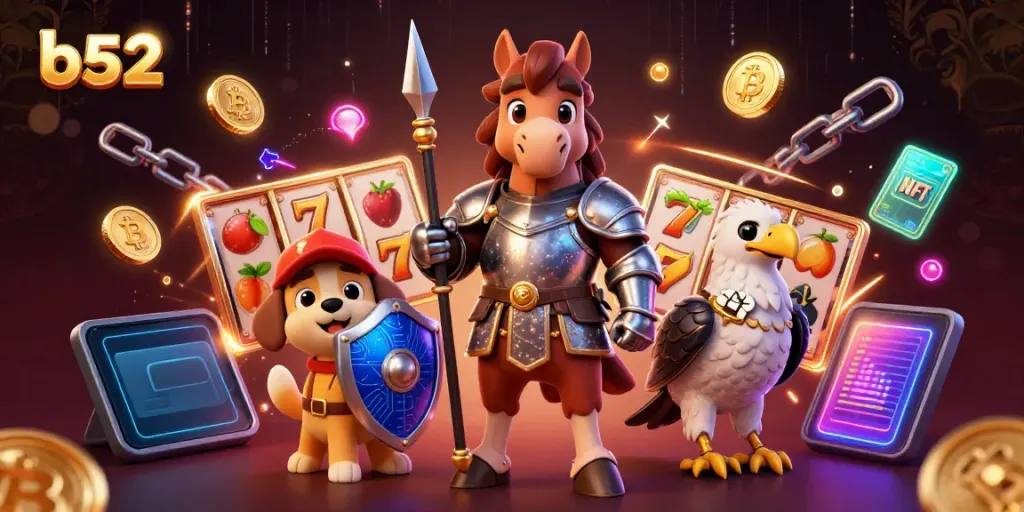 Engage with thrilling b52 casino games, showcasing a dynamic scene filled with rich casino symbols and 3D characters.