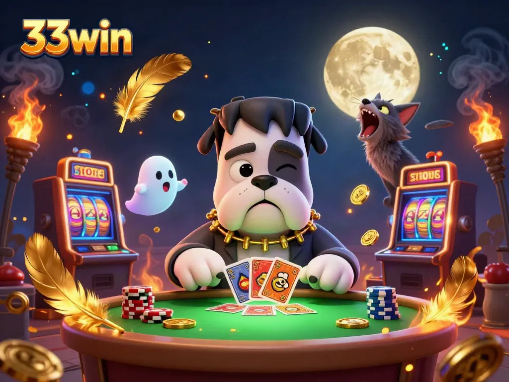 33win players enjoy card games with lively characters and immersive slot elements in a vibrant casino scene.