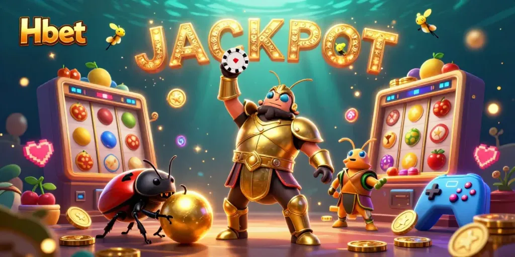 Join the excitement at Hbet with cartoon beetles celebrating a jackpot, surrounded by vibrant slot machines.