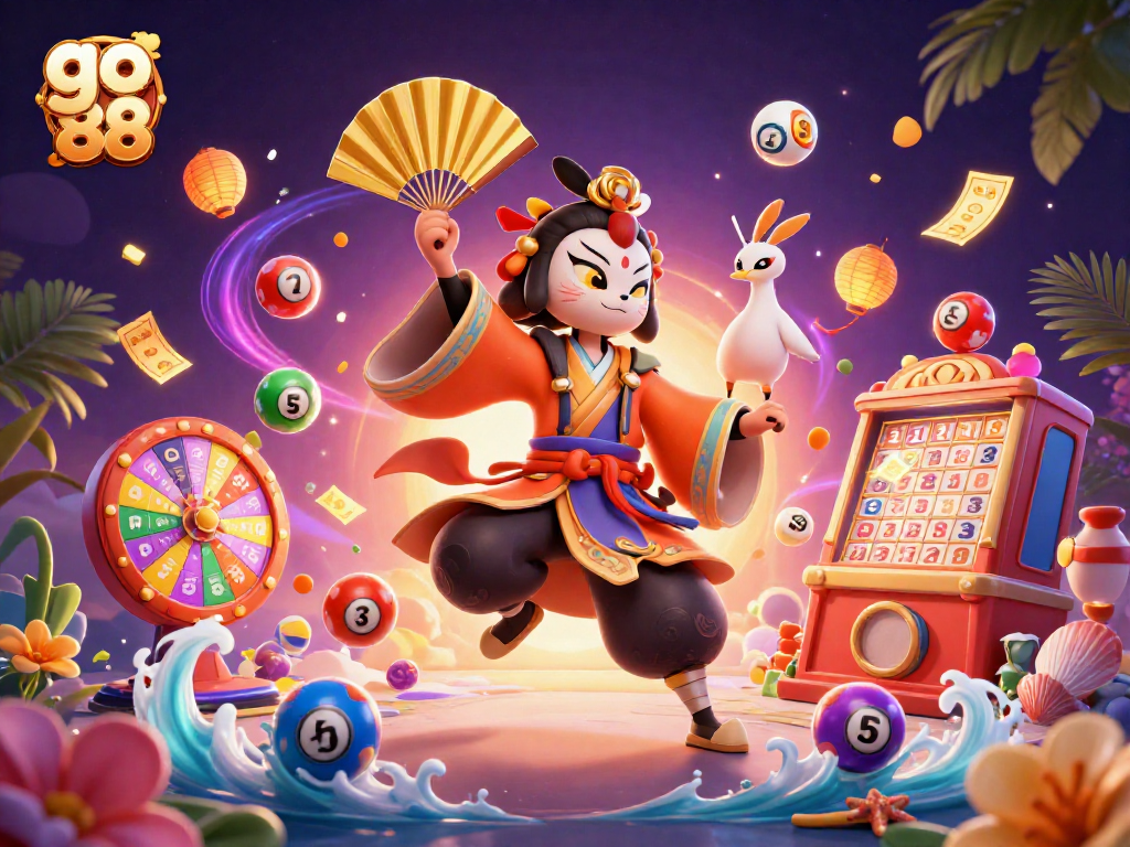 Engage with go 88's vibrant gaming world featuring kabuki characters and dynamic lottery elements.