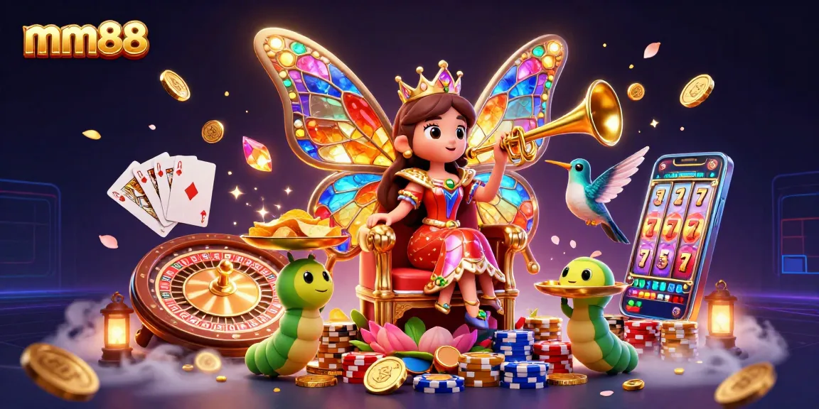 Spin at mm88's vibrant casino scene, featuring a butterfly queen and golden treasures.