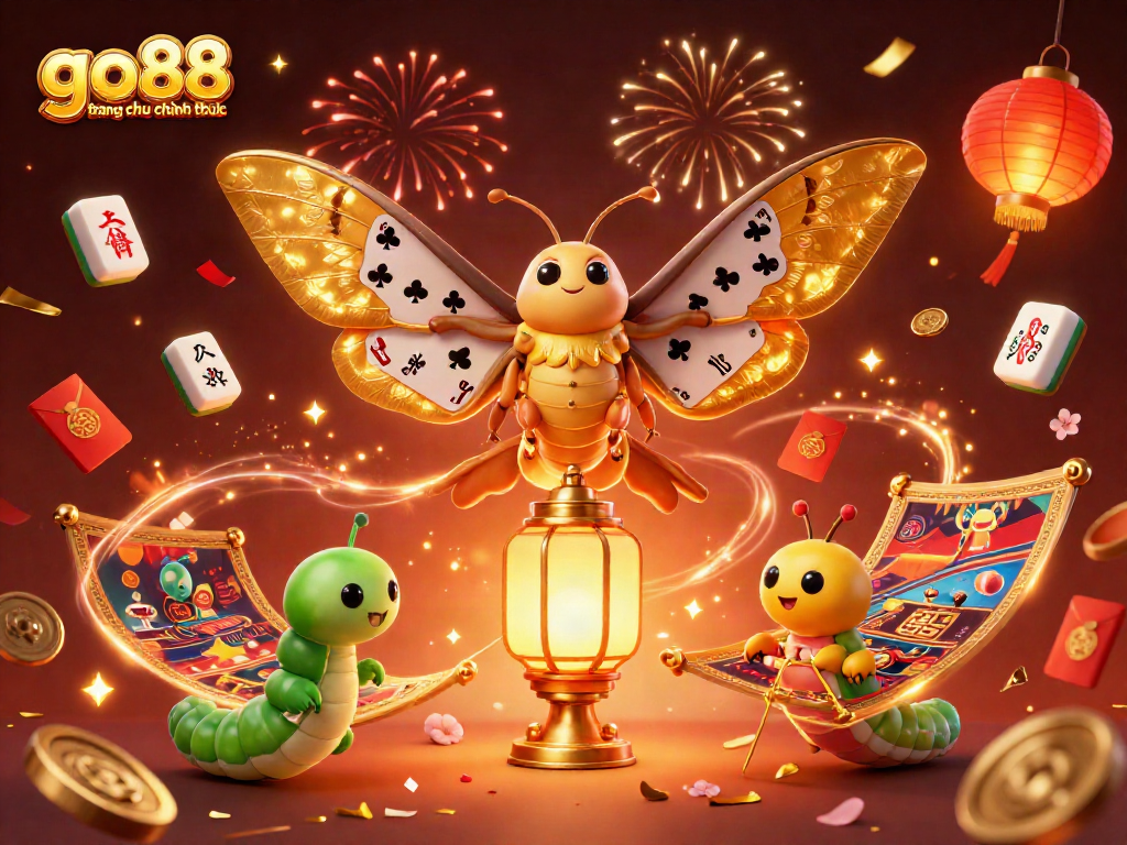 Engage with the vibrant casino atmosphere in this go88 trang chu chinh thuc artwork, showcasing golden wings and lively game elements.