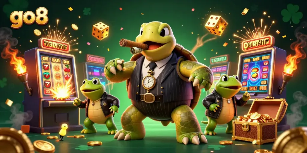 Experience the thrill of go8 with vibrant casino scenes featuring a playful snapping turtle and dynamic slot machines.