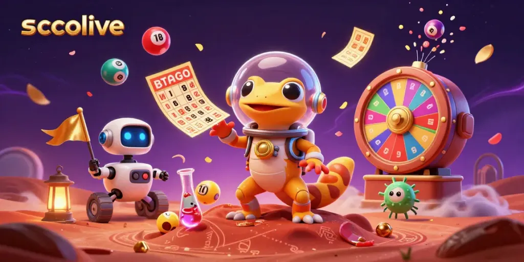 Experience the vibrant atmosphere of Socolive as a Martian gecko discovers a golden casino amidst colorful lottery excitement.