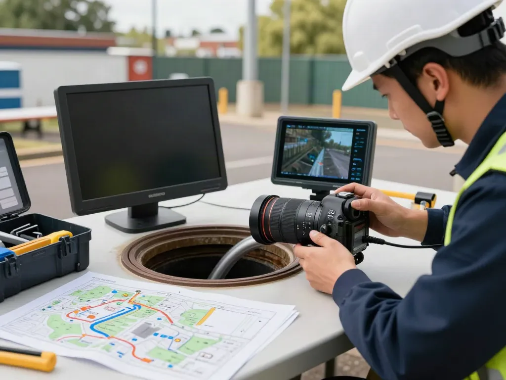 Drainage Survey for Build Over Agreement - CCTV technician inspecting pipes with modern equipment.