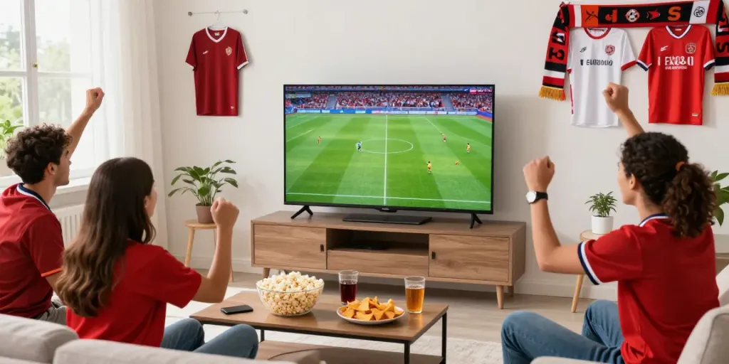 Excited friends enjoying a football match together while watching Thapcamtv in a vibrant living room.