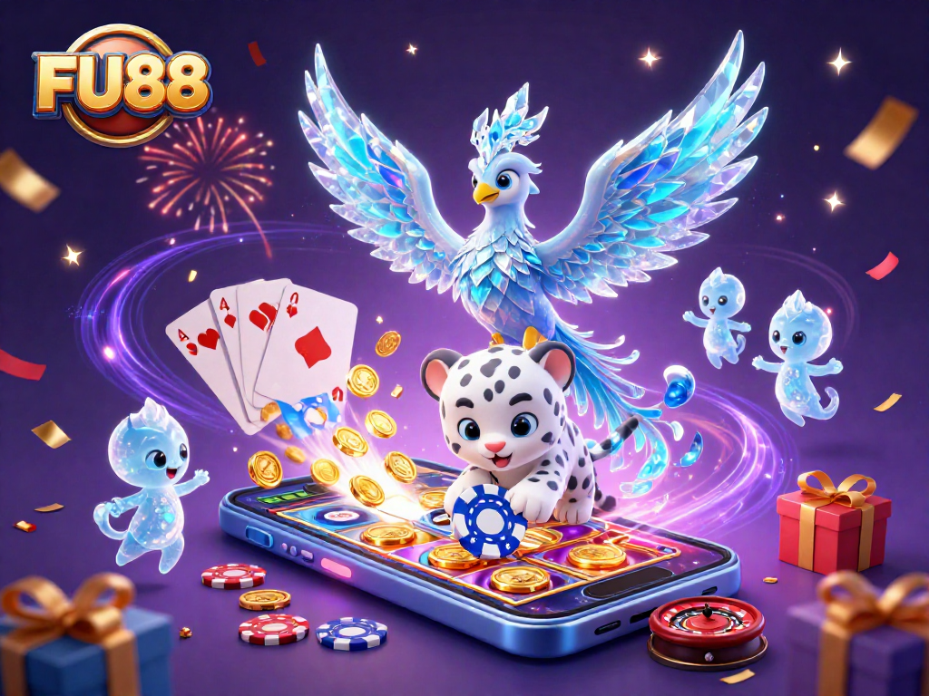 Experience exciting gameplay with FU88's vibrant casino scene featuring a magical ice phoenix and glowing sprites.