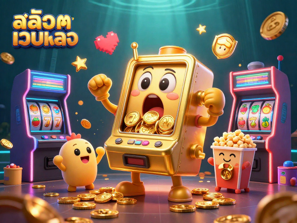 Engage with สล็อตเว็บตรง featuring a golden slot machine hitting a jackpot amidst vibrant gaming elements.
